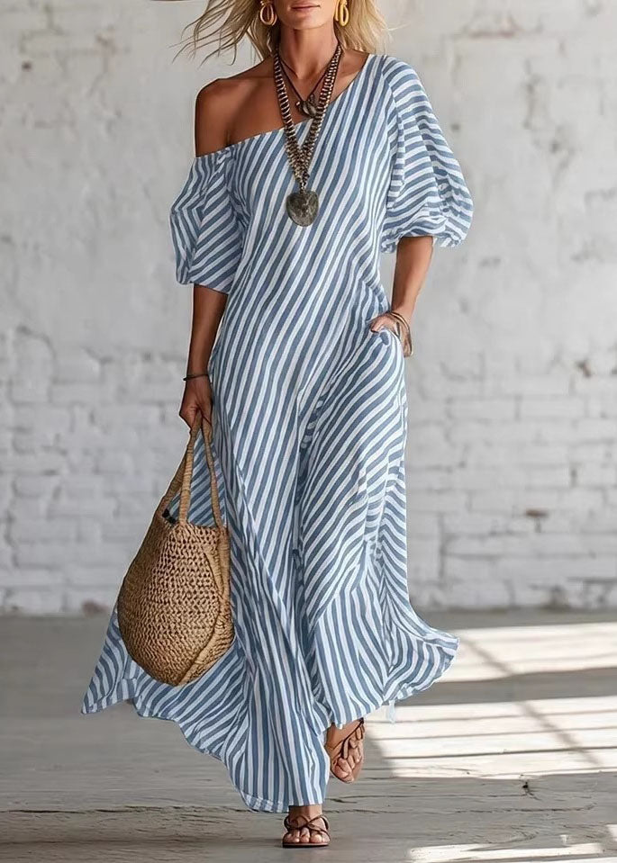 Pink Cold Shoulder Striped Cotton Dress Summer