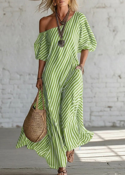 Pink Cold Shoulder Striped Cotton Dress Summer