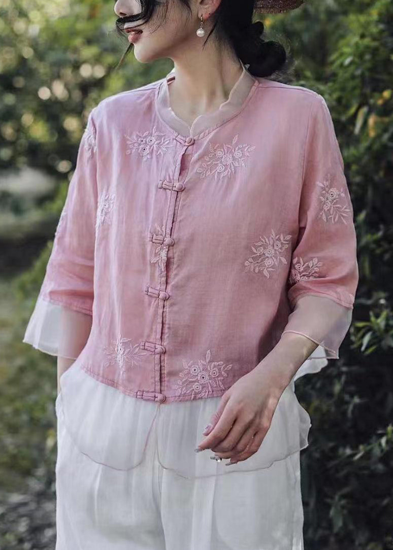 Pink Embroidered Button Linen Shirt Bracelet Sleeve