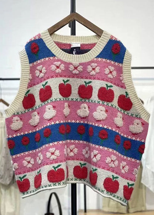 Pink Embroidered Patchwork Cozy Cotton Knit Waistcoat Sleeveless