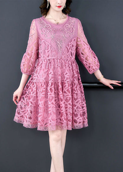 Pink Embroideried Tie Waist Lace Mid Dress Bracelet Sleeve