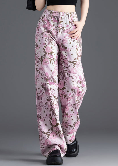 Pink Print Denim Straight Pants Spring