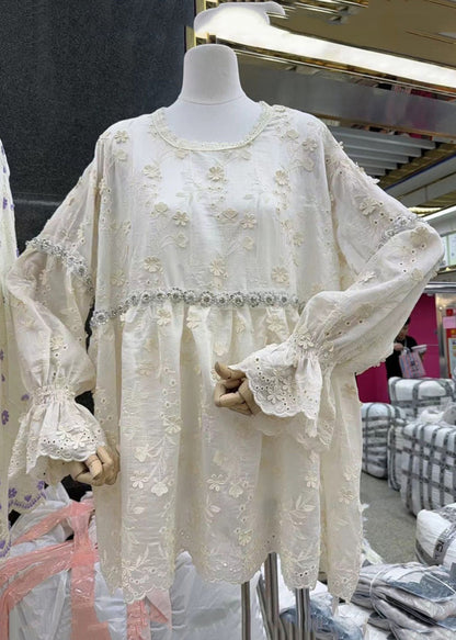 Pink Hollow Out Nail Bead Cotton Blouse Flare Sleeve