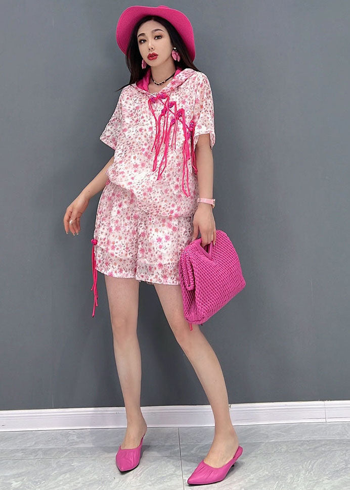Pink Hooded Print Oriental Button Cotton Tanks and Shorts Two Piece Suit Set Summer