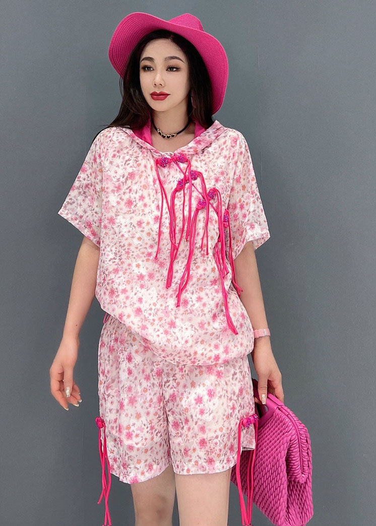 Pink Hooded Print Oriental Button Cotton Tanks and Shorts Two Piece Suit Set Summer