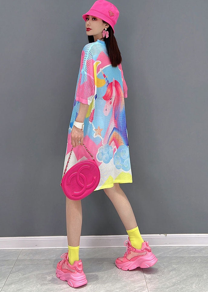 Pink O-neck Horse Print Oversized Vacation Dress Short Sleeve