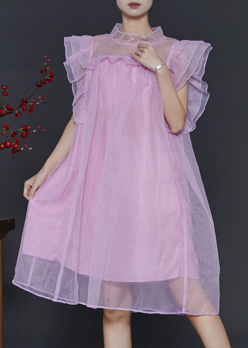 Pink Oversized Tulle Vacation Dress Butterfly Sleeve