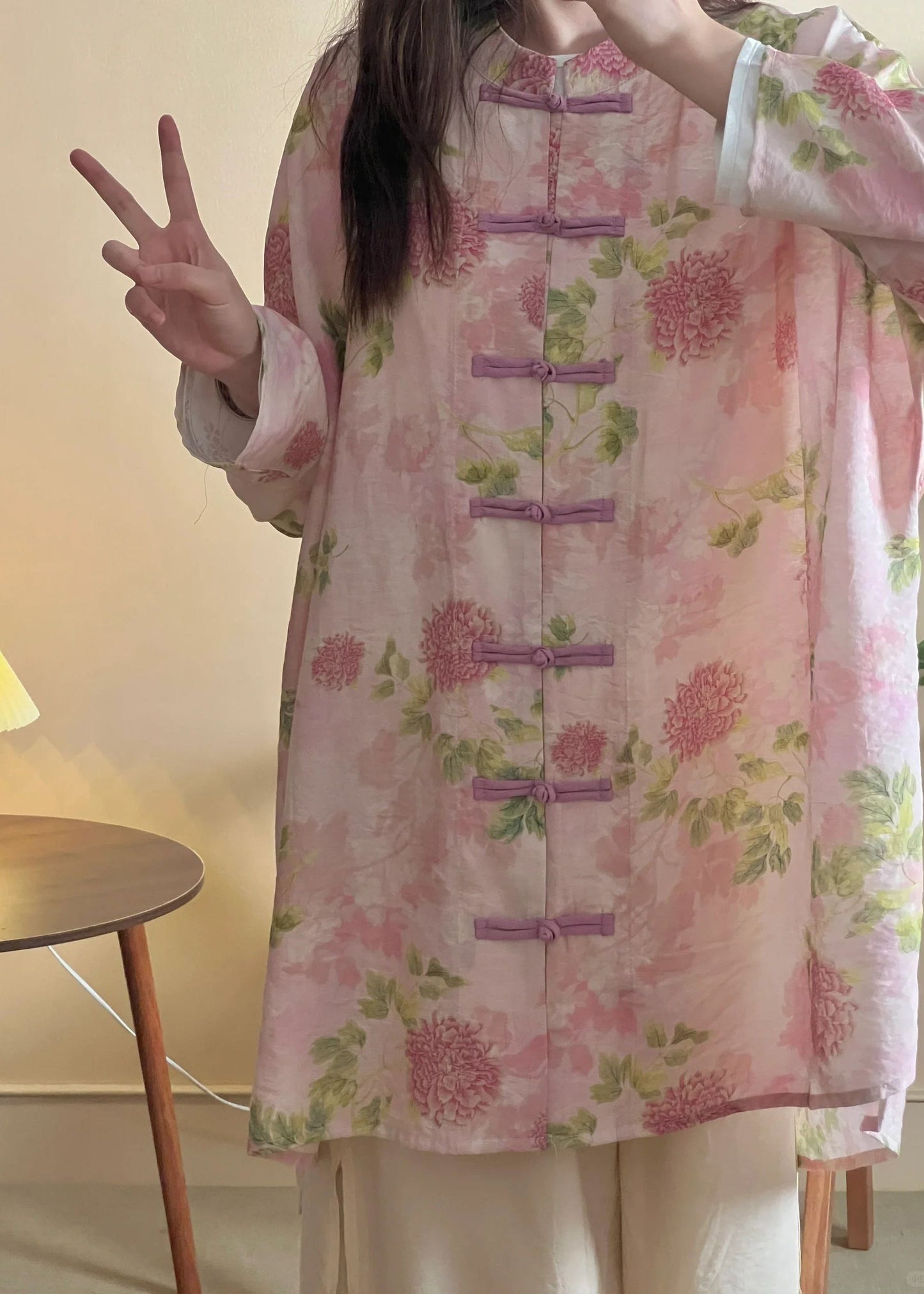 Pink Print Chinese Button Cotton Shirts Long Sleeve