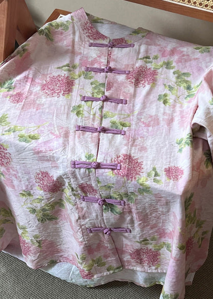 Pink Print Chinese Button Cotton Shirts Long Sleeve