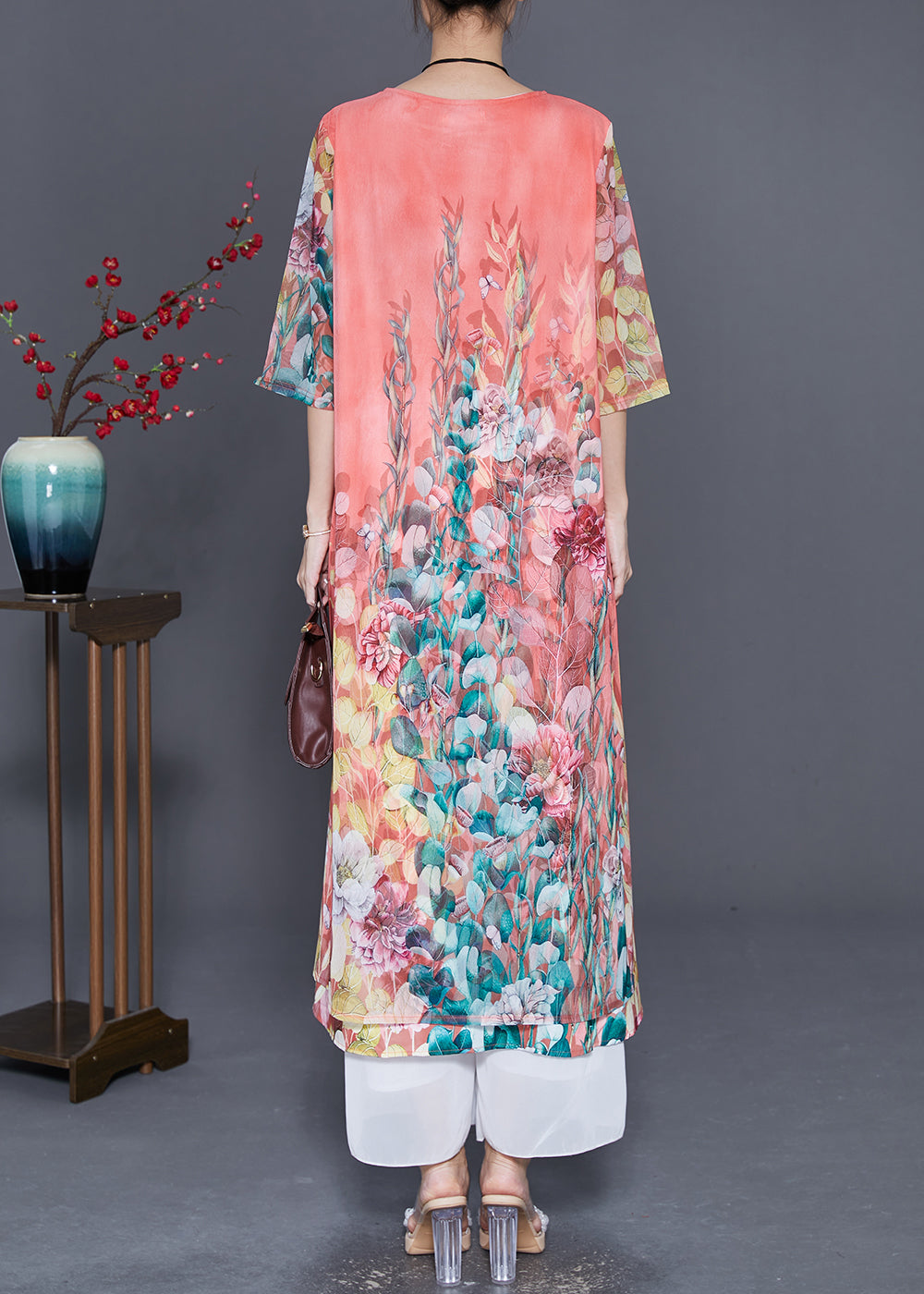 Pink Print Draping Chiffon Fake Two Piece Dresses Summer