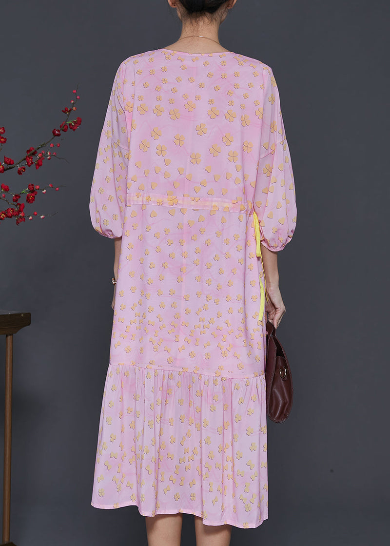 Pink Print Drawstring Cotton Maxi Dresses Bracelet Sleeve
