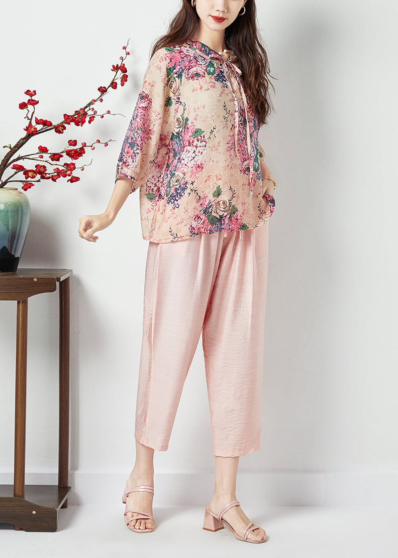 Pink Print Ruffled Lace Up Cotton Two Piece Suit Set Bracelet Sleeve