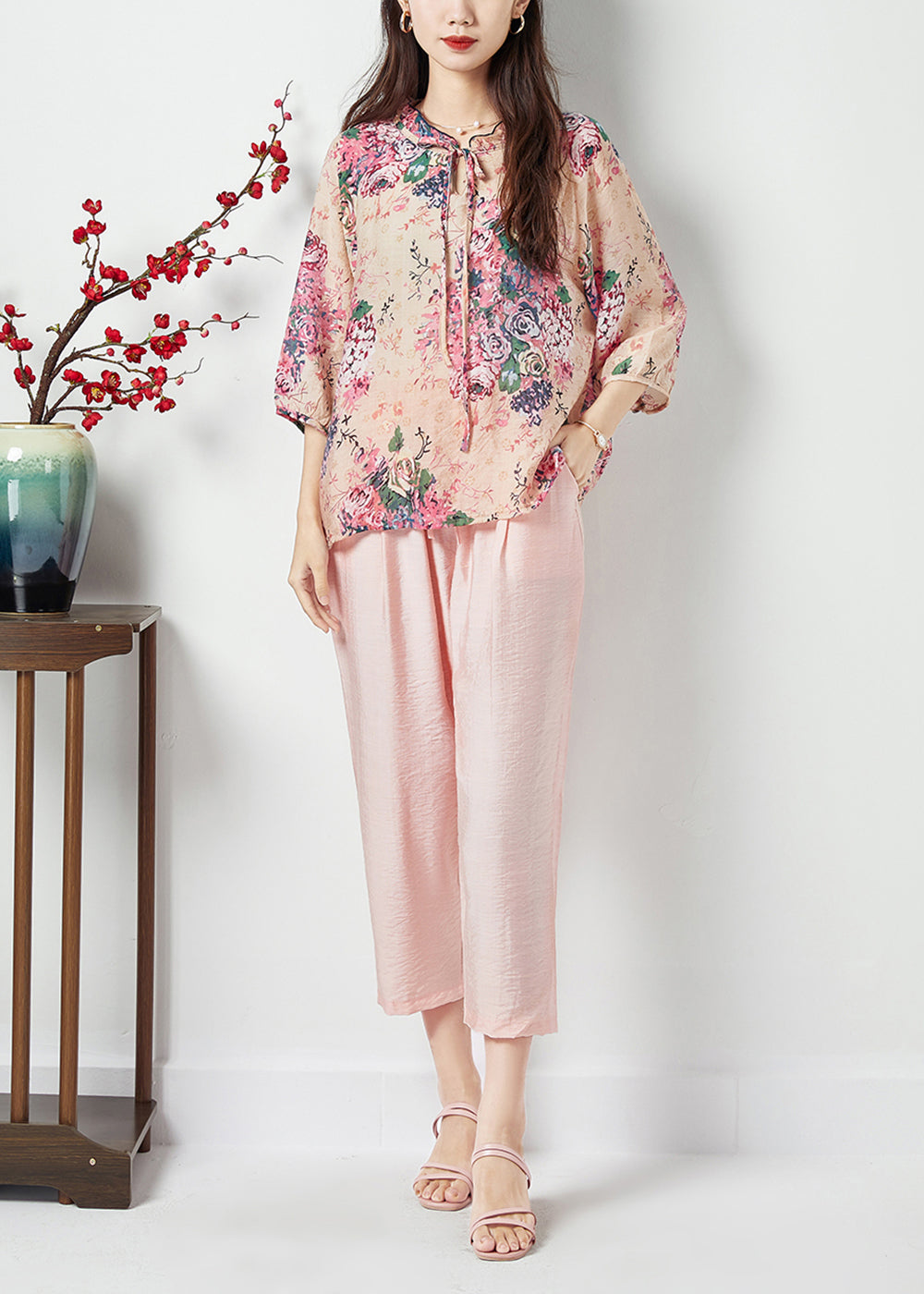 Pink Print Ruffled Lace Up Cotton Two Piece Suit Set Bracelet Sleeve