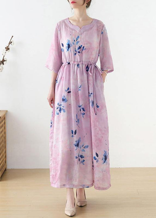 Pink Print Tie Waist Maxi Dresses Summer Ramie