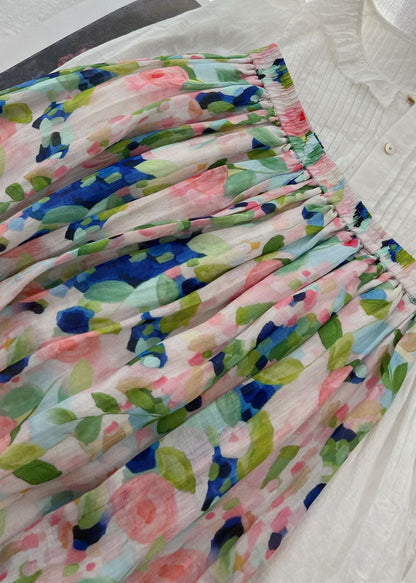 Pink Print Wrinkled Patchwork Linen Skirts Summer
