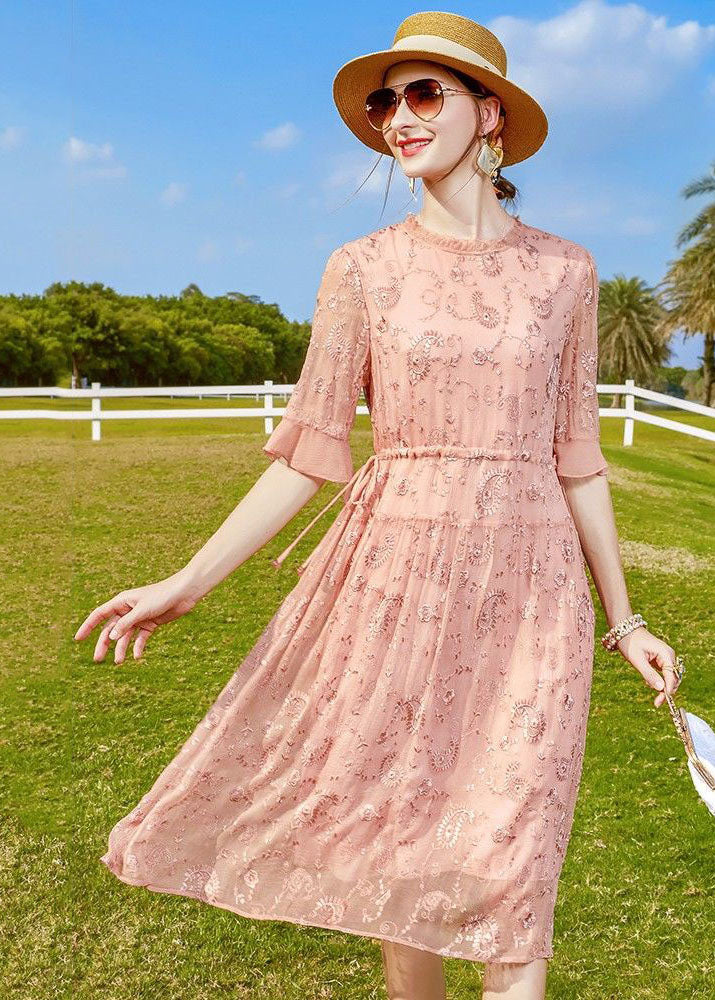 Pink Ruffled Embroideried Tie Waist Silk Cinch Dress Half Sleeve
