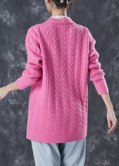 Pink Ruffled Patchwork Thick Knit Pullover Winter