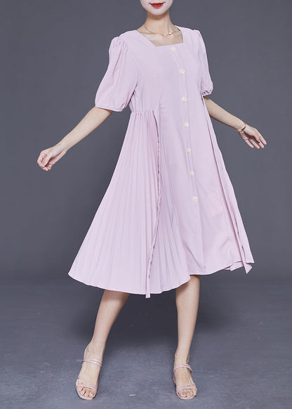 Pink Square Collar Tie Waist Pleated Dresses Summer