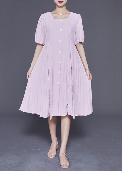 Pink Square Collar Tie Waist Pleated Dresses Summer