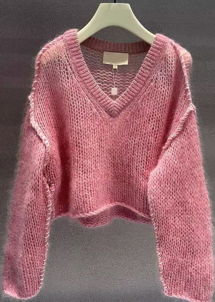 Pink V Neck Hollow Out Cotton Knit Sweaters Fall