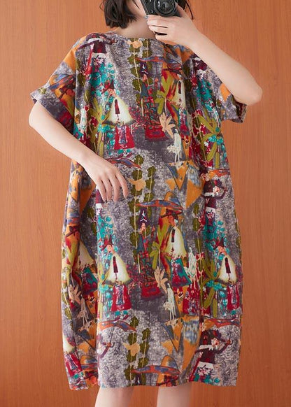 Print O-neck Cotton Linen Party Dress Summer