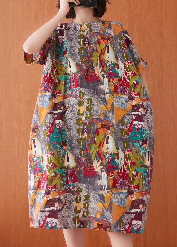 Print O-neck Cotton Linen Party Dress Summer
