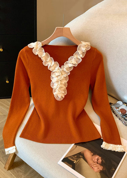 Pumpkin Color V Neck Ruffled Patchwork Knitting Cotton T Shirt Fall