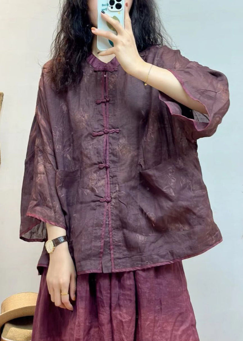 Purple Button Pockets Linen Shirt Spring