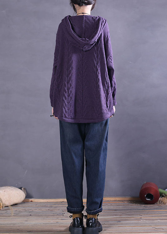 Purple Hooded Drawstring Knit Sweater Tops Spring