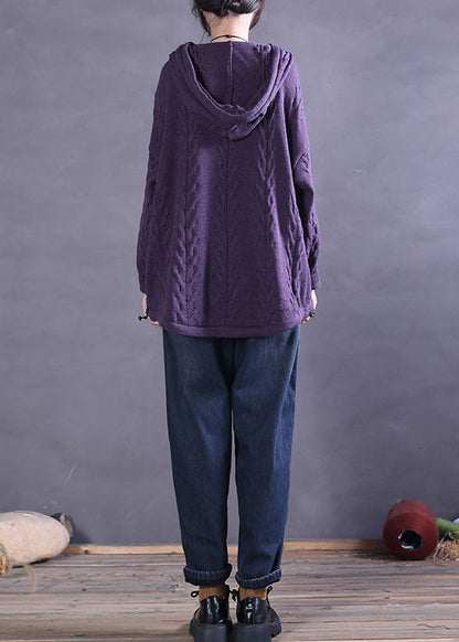 Purple Hooded Drawstring Knit Sweater Tops Spring