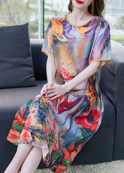 Purple O Neck Print Patchwork Chiffon Dress Summer