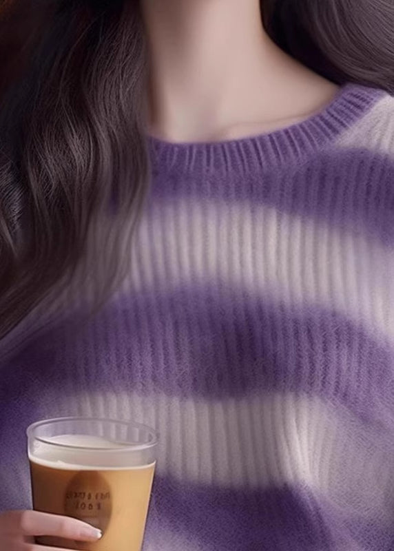 Purple O Neck Striped Cozy Knit Sweater Spring
