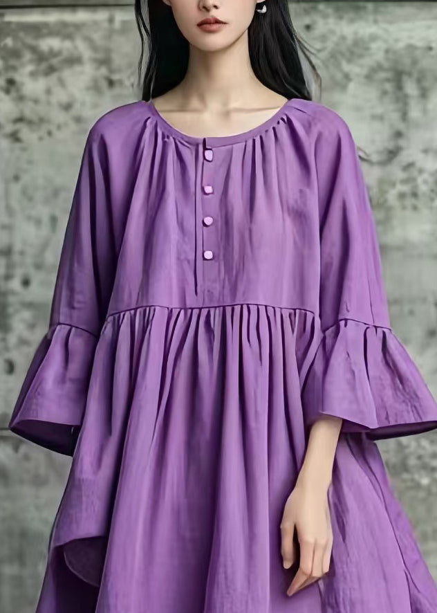 Purple Oversized Cotton Mid Dresses Flare Sleeve
