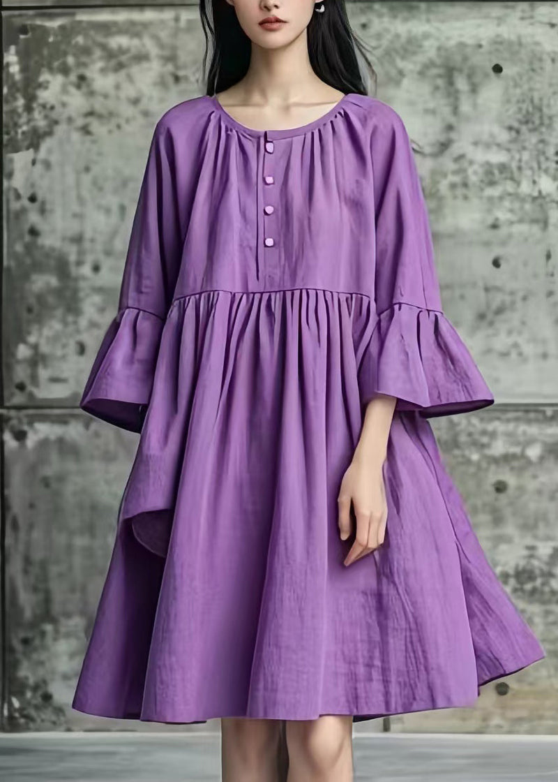 Purple Oversized Cotton Mid Dresses Flare Sleeve