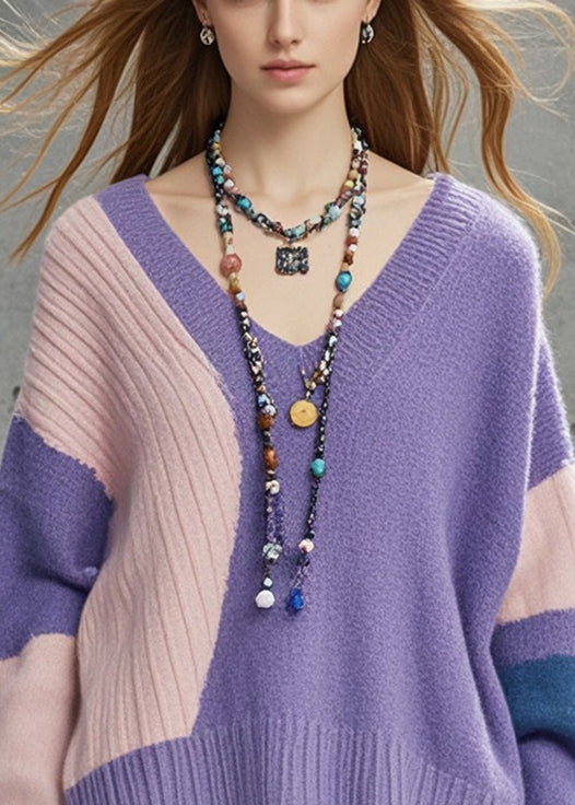 Purple Oversized Patchwork Knit Sweaters Fall