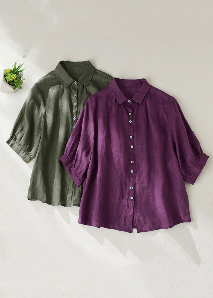 Purple Peter Pan Collar Button Linen Blouse Summer