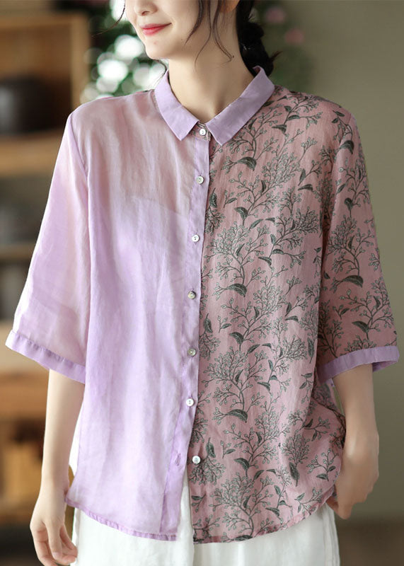 Purple Peter Pan Collar Print Button Patchwork Linen Tops Summer