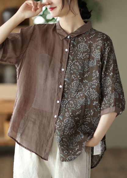 Purple Peter Pan Collar Print Button Patchwork Linen Tops Summer