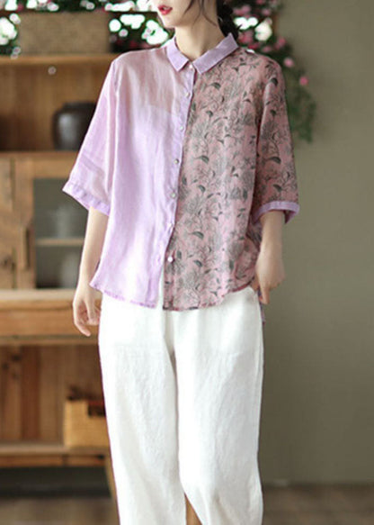 Purple Peter Pan Collar Print Button Patchwork Linen Tops Summer