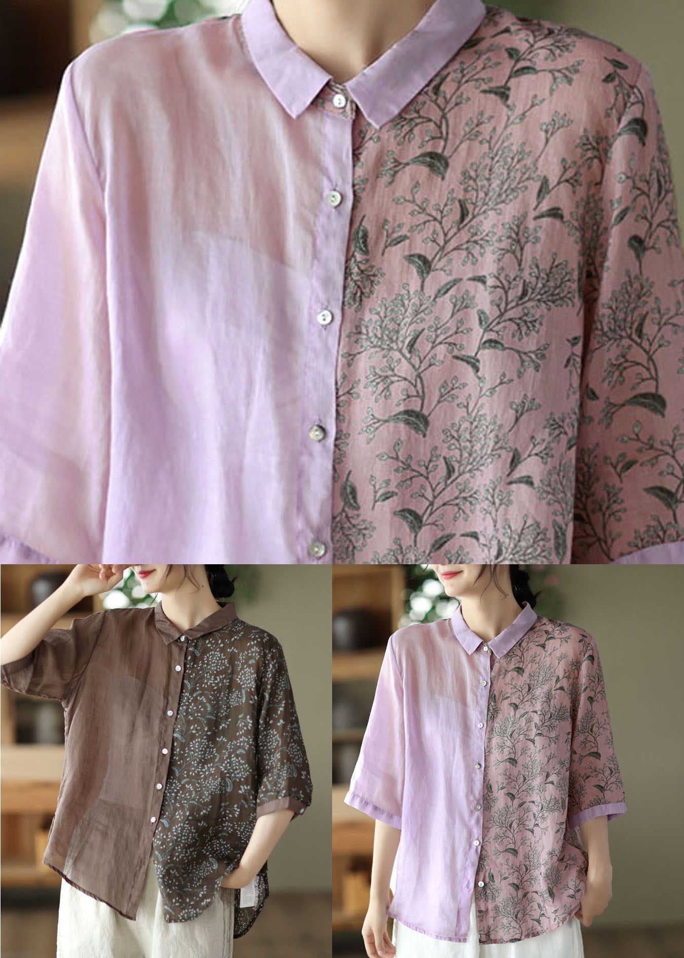 Purple Peter Pan Collar Print Button Patchwork Linen Tops Summer