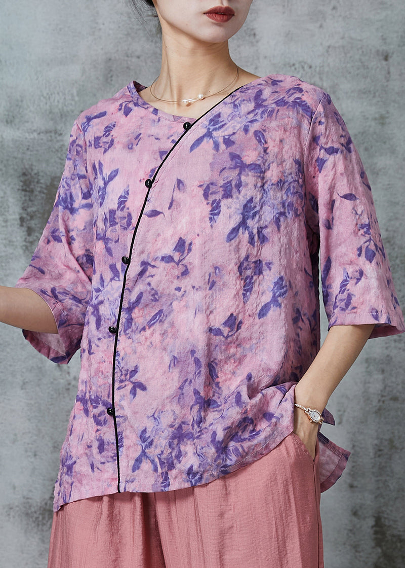 Purple Print Patchwork Linen Shirt Tops Half Sleeve