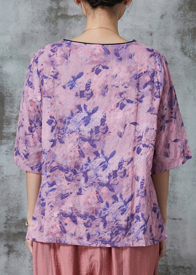 Purple Print Patchwork Linen Shirt Tops Half Sleeve