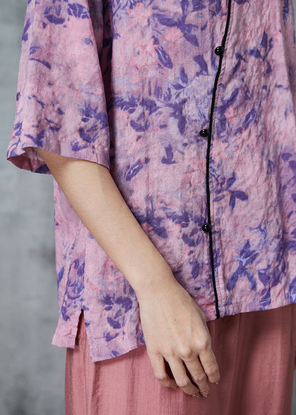 Purple Print Patchwork Linen Shirt Tops Half Sleeve