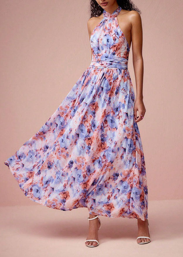 Purple Print Wrinkled Chiffon Long Dress Sleeveless