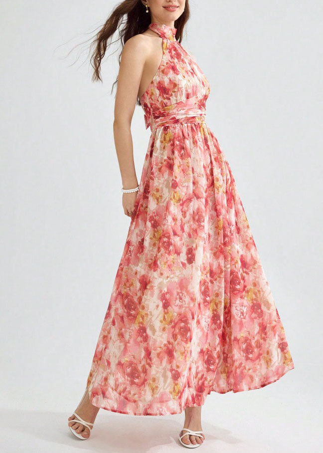 Purple Print Wrinkled Chiffon Long Dress Sleeveless