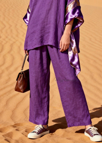 Purple V Neck Silk Patchwork Linen Two Pieces Set Summer
