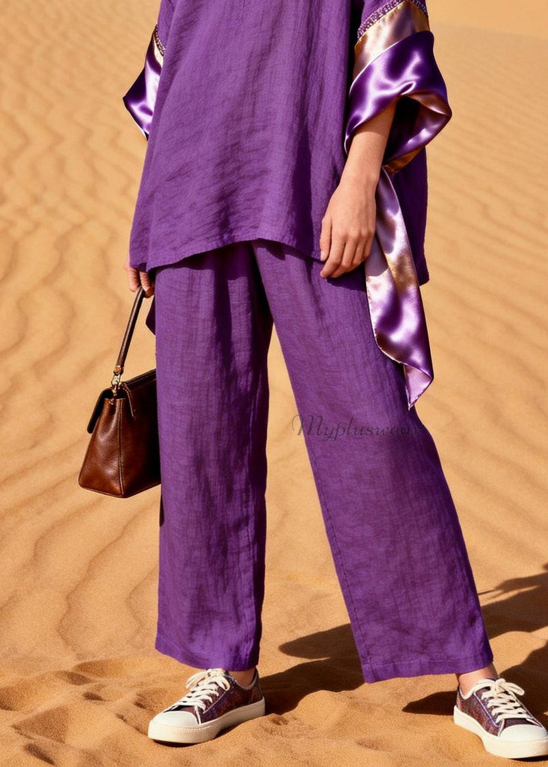 Purple V Neck Silk Patchwork Linen Two Pieces Set Summer
