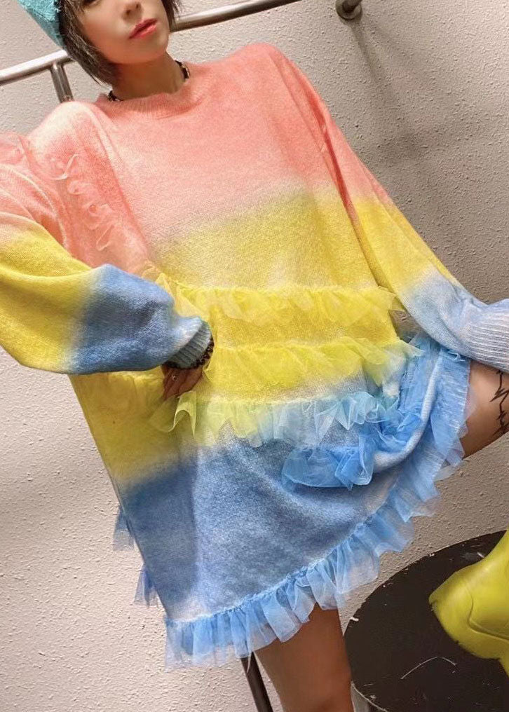 Rainbow O-neck Ruffles Knit Fall Loose Long Sweater