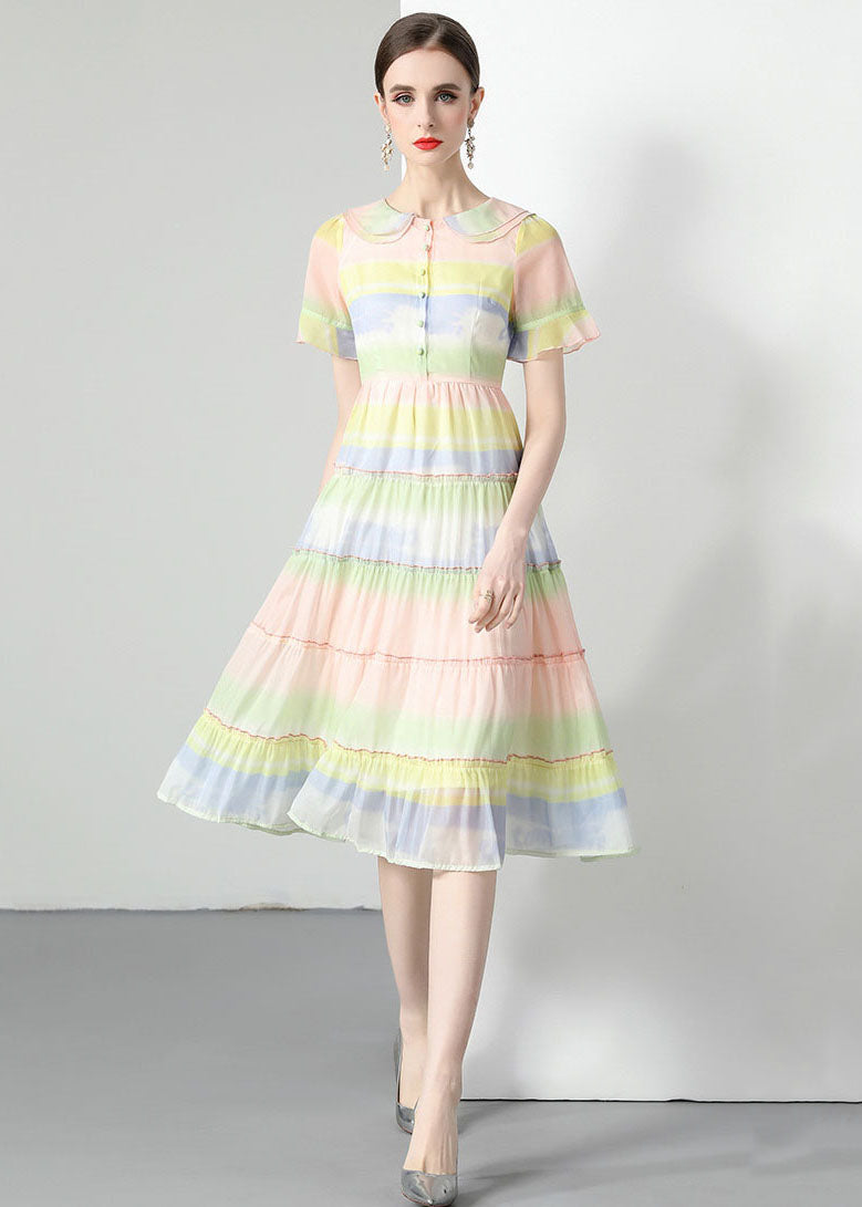 Rainbow Ruffled Button Patchwork Chiffon Dresses Summer