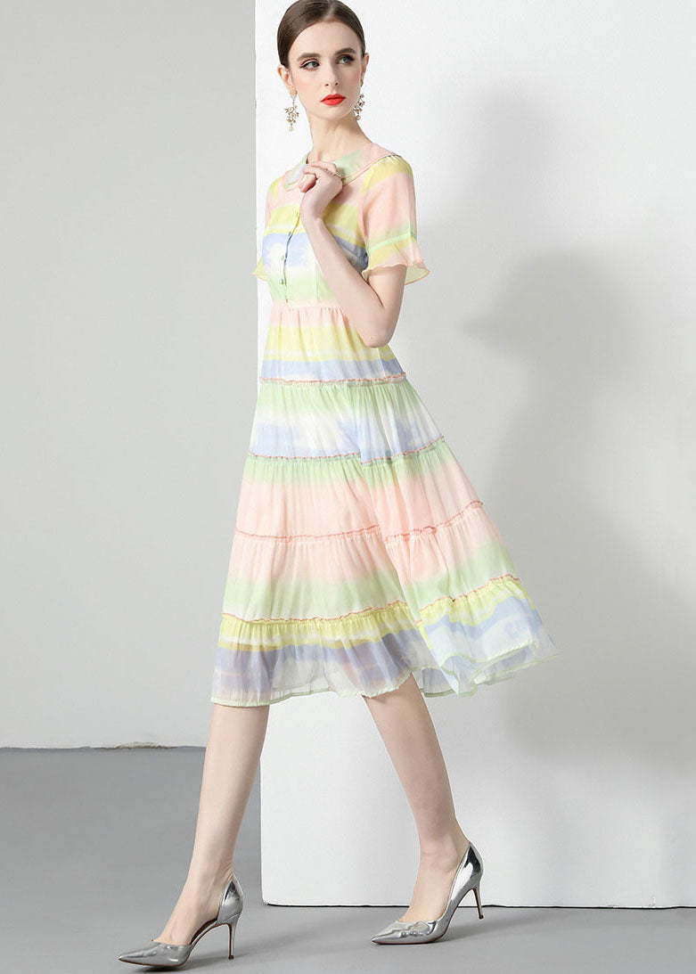 Rainbow Ruffled Button Patchwork Chiffon Dresses Summer